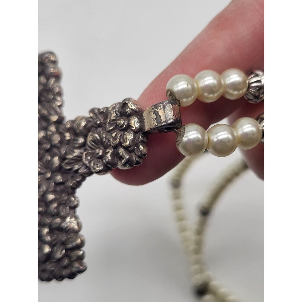 Brighton Lola Floral Cross Necklace Faux Pearl Beaded Long Statement Pendant - Picture 10 of 10